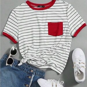 SHEIN Black and White Striped Tee with Red Accents